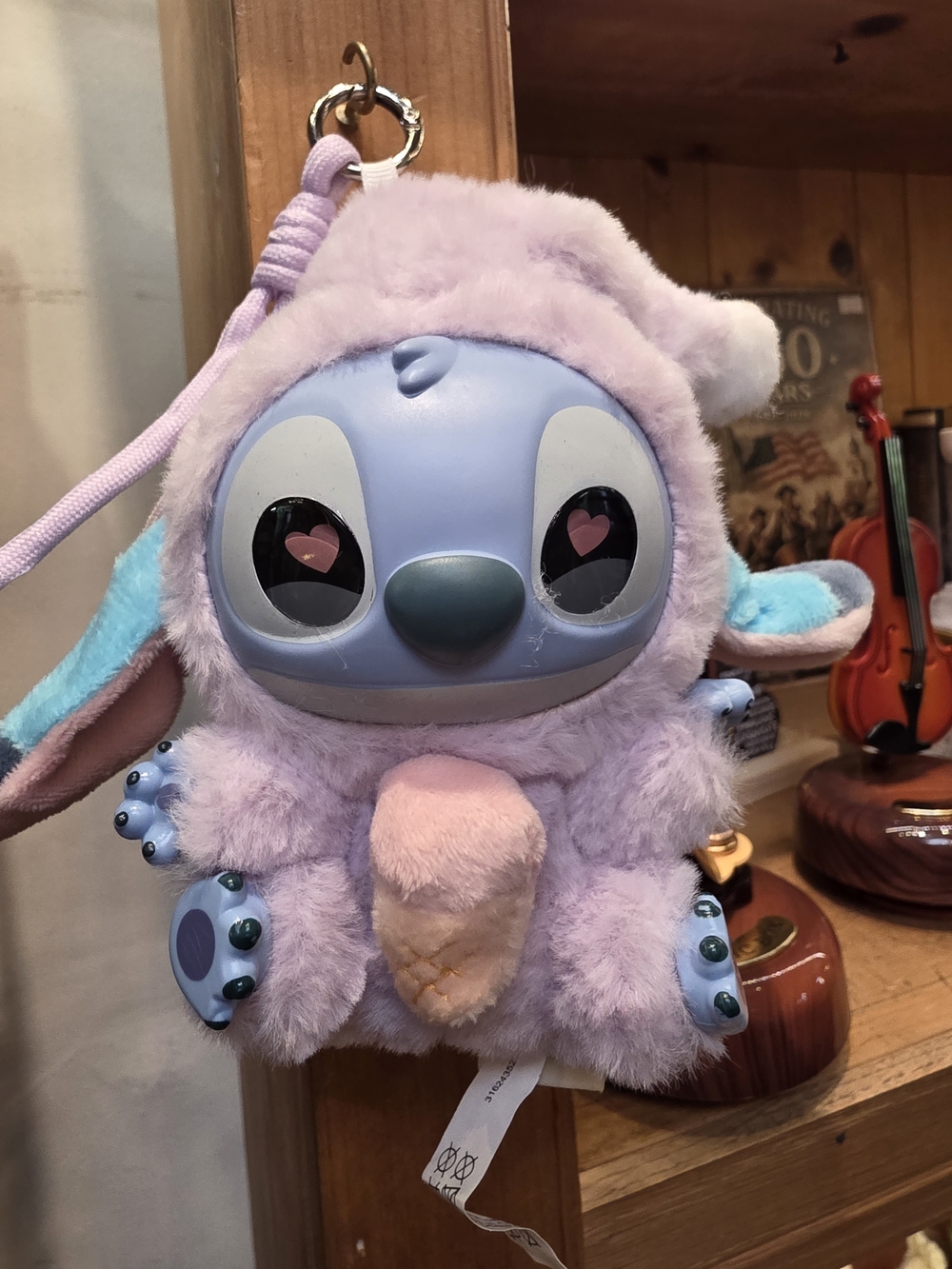 Disney Lilo & Stitch Fluffy Hooded Plush Bag Charm / Keychain with Ice cream.